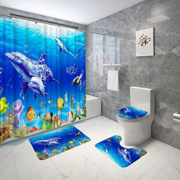 Cortinas de Ducha Paisaje del océano Juego de Cortinas de Ducha Árboles del Anochecer Paisajes de Peces Tropicales Decoración de Tela Cortina de baño Alfombra de baño Antideslizante Tapa de Inodoro