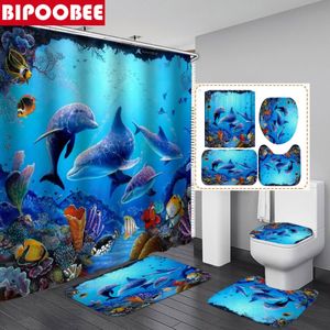Rideaux de douche océan monde sous-marin joyeux dauphin impression 3D rideau de douche étanche avec tapis couverture de toilette tapis de bain ensemble décor de salle de bain 230703