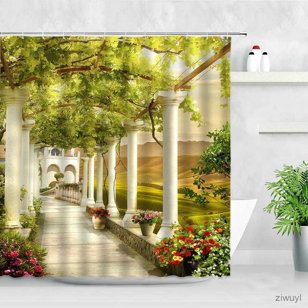 Cortinas de ducha Pintura al óleo Ciudad de flores Edificio Paisaje callejero Fondo de jardín Decoración de pared Cortinas de ducha de tela Decoración del hogar Cortina de baño