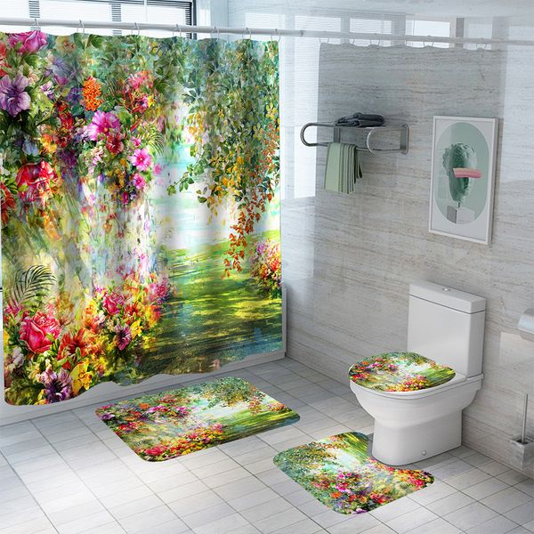 Rideaux de douche Peinture à l'huile fleurs imperméable Polyester rideau de douche ensemble anti-dérapant doux tapis de bain tapis couvercle couverture de toilette ensemble de salle de bain décor 230322