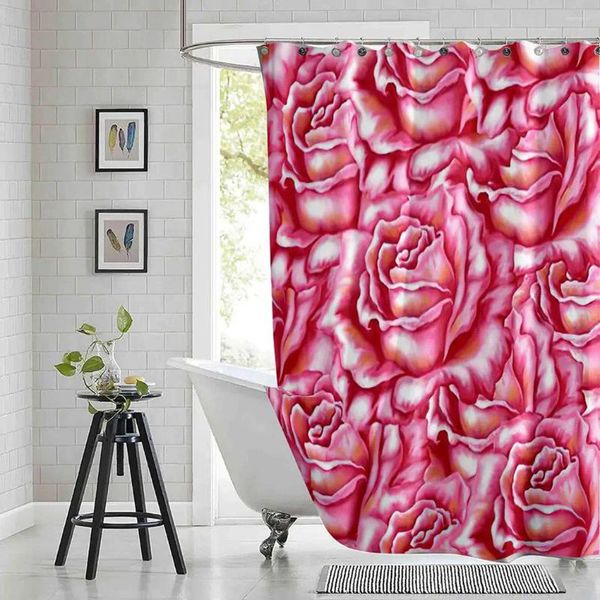 Rideaux de douche Peinture à l'huile Rouge Rose Rideau Saint Valentin Bouquet Imprimé Polyester Tissu Salle de bain imperméable avec crochets