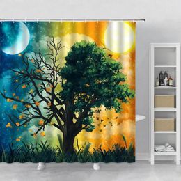 Douchengordijnen Olieschilderschap landschap gordijn gordijn aquarel sterrenhemel sky skin moon boom oceaan landschap esthetisch kunst polyester bad