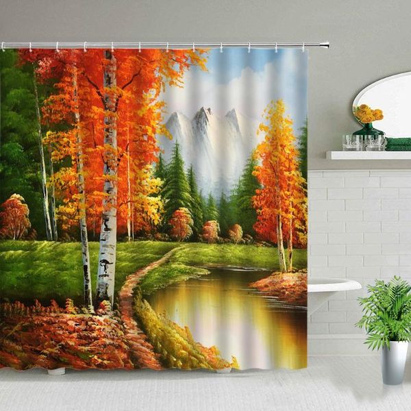 Rideaux de douche peinture à l'huile paysage rideau ensemble paysage naturel forêt rouge et jaune arbres jardin fond décor suspendu