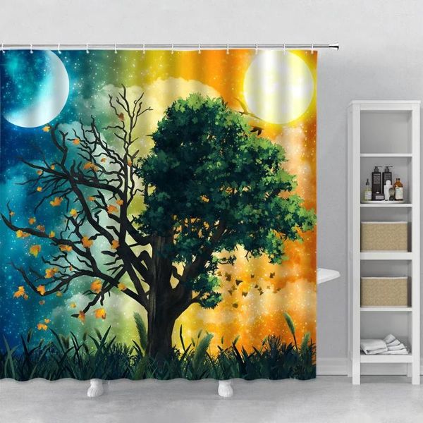 Courteaux de douche peinture à l'huile Curtain Aquarement étoilé Sky Sun Moon Tree Ocean Paysage Asthétique Art Polyester Bath