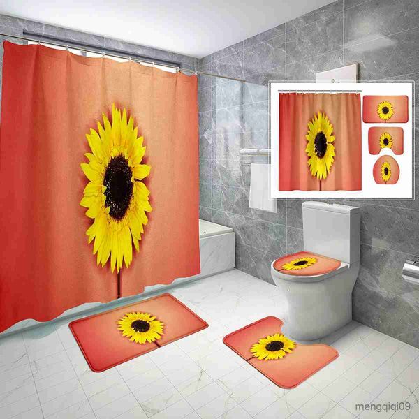 Cortinas de ducha Pintura al óleo Conjuntos de cortinas de ducha de girasol PCS Flores de la naturaleza Alfombra de baño antideslizante Conjuntos de cortinas de ducha impermeables R231101