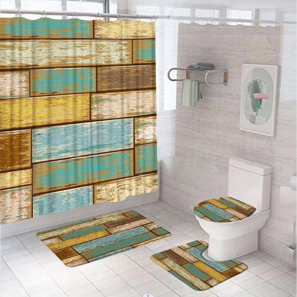 Rideaux de douche anciennes en bois bleu ensembles de rideaux country pliss de salle de bain vintage baignoire de salle de bain non glisser tapis couvercle couvercle de couvercle de couvercle