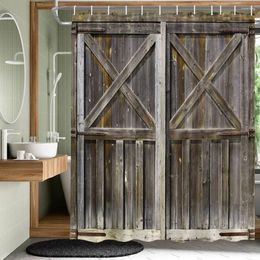 Cortinas de ducha Puerta de madera vieja decorativa antigua antigua retro de madera retro granja de granja de granja de baño de baño ganchos de tela de baño