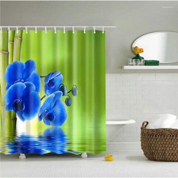 Cortinas de ducha Orquídea Azul Fresco Flor rosa Floral Verde Bambú Zen Cortina de baño Tela Decoración Accesorios de baño Set Gancho