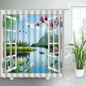 Cortinas de ducha fuera de la ventana paisaje de primavera flores rosadas plantas verdes decoración de estilo chino asiático ganchos de cortina de baño