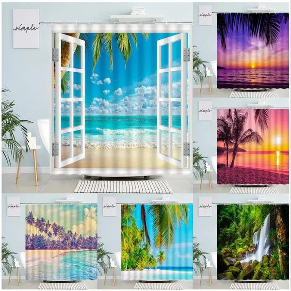 Rideaux de douche Palmiers Ensembles de rideaux de plage Tropical Ocean Island Hawaii Nature Paysage Baignoire Tissu Salle de bain Décor Crochets