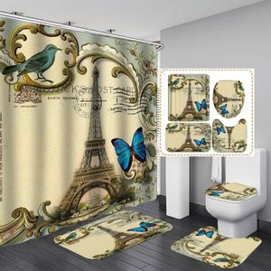 Rideaux de douche Paris papillon paysage tour Eiffel imprimé ensemble de rideaux tapis antidérapant siège de toilette coussin ensemble douche
