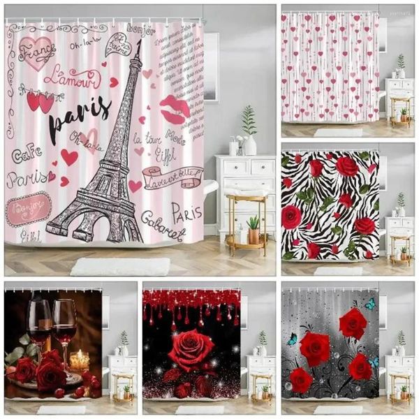 Rideaux de douche Paris Tour Eiffel rose rideau saint valentin fleurs et papillons Polyester lavable décor de salle de bain