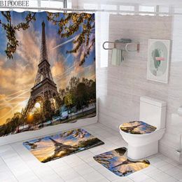 Cortinas de ducha escena de la calle Paris 3D Cortina Eiffel Tower baño Pedestal Alfombra de pedestal Mujerías de baño de tapa de baño Decoración del hogar