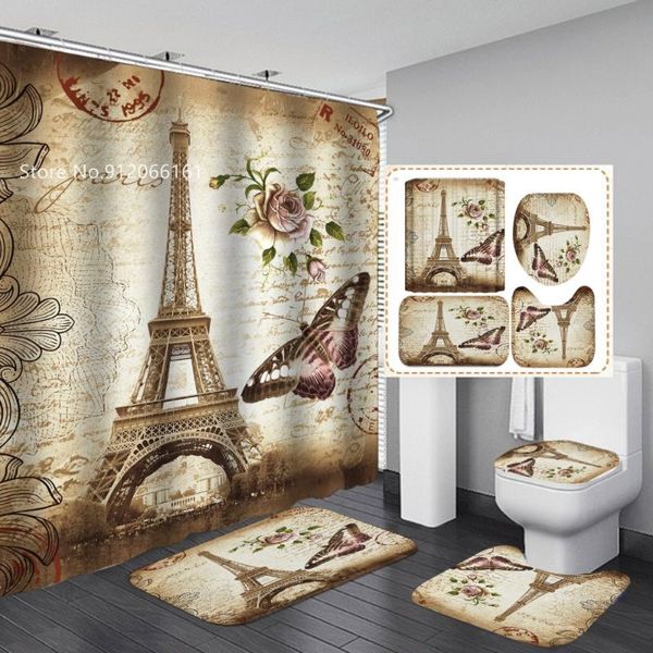 Cortinas de ducha Torre de París 4 en 1 juego de baño de tela impresión 3D cortina de edificios famosos con alfombras antideslizantes para cubierta de inodoro decoración del hogar