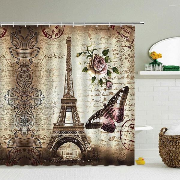 Cortinas de ducha Torre de París Europea Retro Cortina de baño impermeable Impresión 3D Decoración Poliéster 180 200 Pantalla de baño