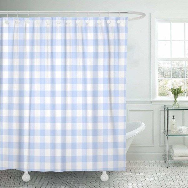 Patrón de cortinas de ducha Azul claro Gingham Plaid Check Tartan Cortina de ducha a cuadros blanca Tela de poliéster impermeable 72 x 72 pulgadas SetHKD230626