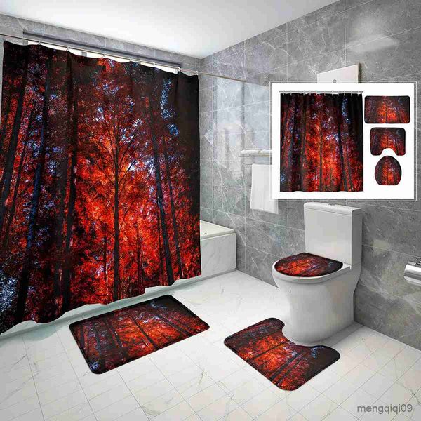 Rideaux de douche pièces/ensemble thème rideaux de douche ensembles allée naturelle arbre imperméable salle de bain rideau antidérapant tapis de bain R231101