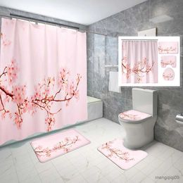 Duschvorhänge, Pfirsichblüten-Duschvorhang-Sets, teilig, mit rutschfesten Teppichen, Matte, Frühlingszweig, Blume, wasserdichter Duschvorhang-Set R231101