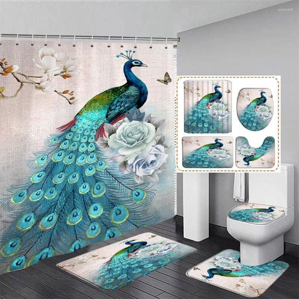 Douche rideaux de paon ensemble de salle de bain avec rideau et tapis chinois plume plume décor de la maison non glissée siège de toilette