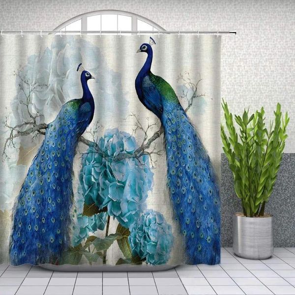 Rideaux de douche Péacock bleu belle plante de fleurs d'oiseau aquarelle imprimé de salle de bain rideau baignoire décor en polyester tissu