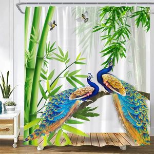 Rideaux de douche paoncours rideaux verts bambous feuilles plume bleu oiseau marron en bois de style chinois décor de salle de bain en tissu de style de salle de bain