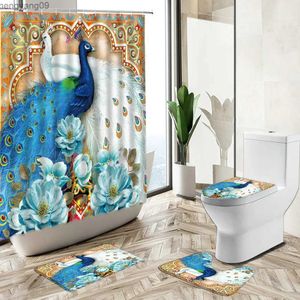 Rideaux de douche Paons plumes rideaux de douche ensembles paysage chinois fleur plante verte salle de bain décor tapis couverture de toilette tapis de sol R231114