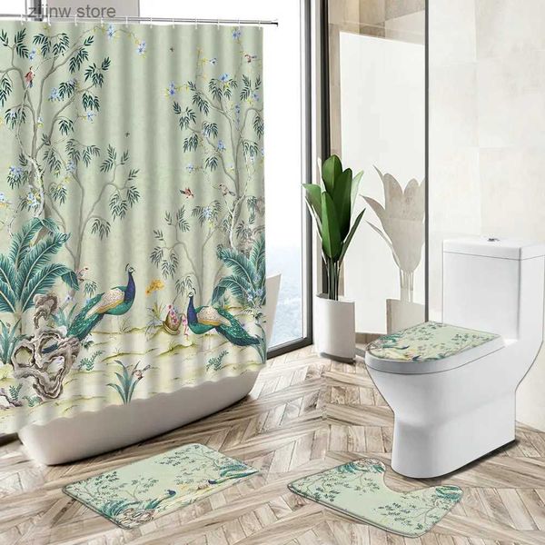 Rideaux de douche Paons Plumes Rideaux de Douche Ensembles Paysage Chinois Fleur Plante Verte Salle de Bain Décor Tapis antidérapant Couverture de Toilette Tapis de Sol Y240316