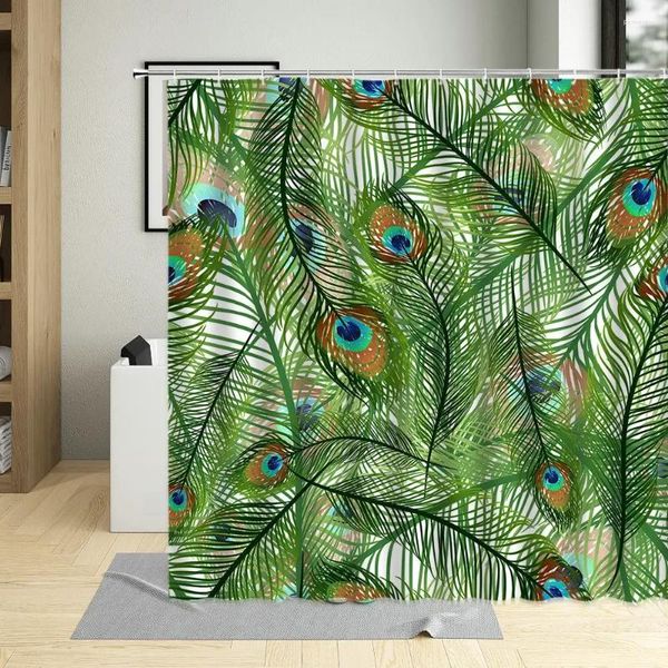 Rideaux de douche paon de païons rideaux de salle de bain imperméables plume d'oiseau vert élégant pour les écrans de décoration d'art baignoire avec crochet
