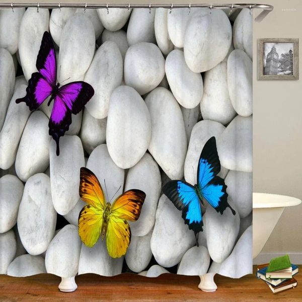 Cortinas de ducha Pebble Stone Butterfly Cortina impermeable Polyéster tela Zen Baño 180 x 200 cm con ganchos
