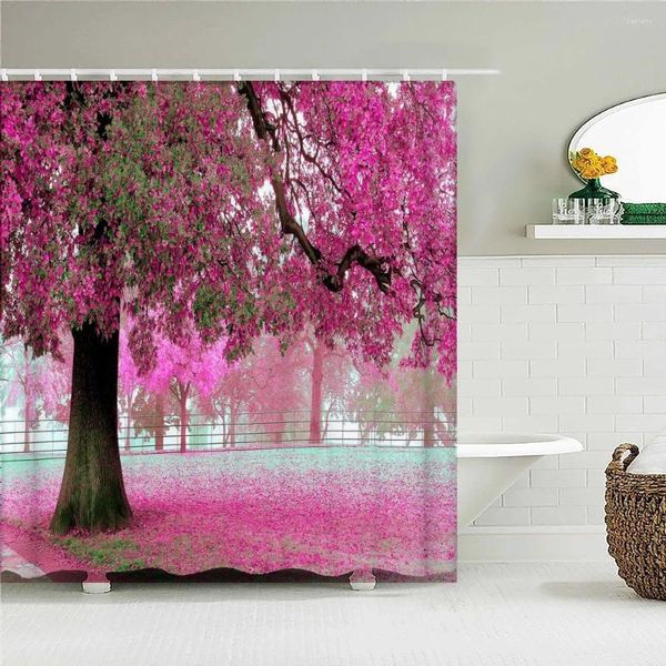 Cortinas de ducha Pink Big Tree Natural Forest Landscape Tampón impermeable tela de poliéster tela para el hogar con 12 ganchos