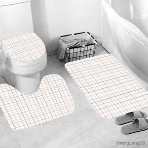 Rideaux de douche rose bleu ligne grille imperméable rideau de douche salle de bain tapis de sol rideau de douche décoratif avec R230831