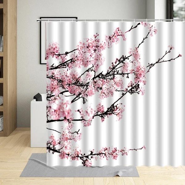 Rideaux de douche Rose Cerisier Rideau Orchidée Oiseau Pêche Fleur Paysage Salle De Bain Baignoire Décoration Mur Tissu Suspendus Ensembles