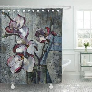 Rideaux de douche peinture d'huile fine rose morte de vie avec violet magnolia fleur de fleur à gris motif d'art naturel rideau de salle de bain