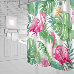 Rideaux de douche Flamant rose vert feuilles tropicales rideaux de douche Monstera feuille de palmier Jungle plante tissu salle de bain rideau décor ensemble avec crochets Y240316