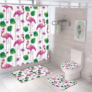 Douchegordijnen roze flamingo tropische bladeren gordijn sets niet-slip tapijten toilet deksel deksel badmat bloem planten planten badkamer badkamer