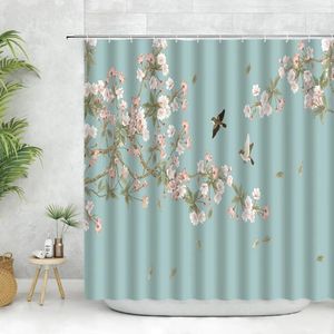 Cortinas de ducha Flor rosa Flor de cerezo Cortina Gancho Planta Mariposa Acuarela Paisaje floral Baño Poliéster Conjunto colgante