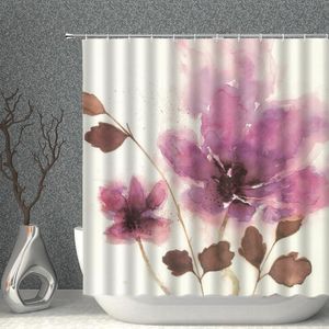 Rideaux de douche Rideau de fleur rose Tissu imperméable Blanc Style simple Peinture Ensemble de séparation de bain Écran de salle de bain avec crochets