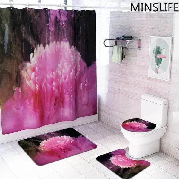 Cortinas de ducha Decoración de flores rosa Cortina refinada Alfombra de baño Conjunto de tela de poliéster impermeable con 12 gancho