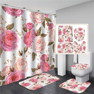 Cortinas de ducha Flores rosadas Rosa Elegante Cortina impresa Conjunto Impermeable Mujeres Baño Baño Pedestal Alfombra Tapa Alfombra Cortina Bao 221104