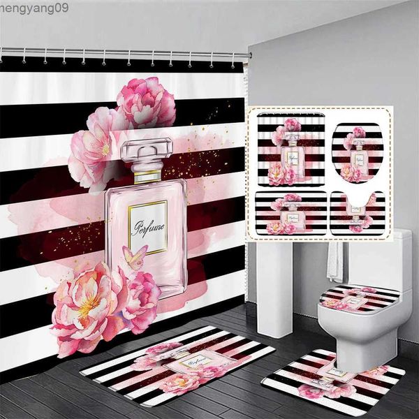 Rideaux de douche Ensemble de rideaux de douche à fleurs roses, tapis de bain à rayures noires et blanches, tapis antidérapant, couverture de toilette pour décor de salle de bain R231114