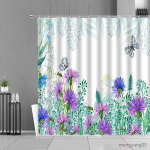 Rideaux de douche Fleurs roses rideaux de douche printemps fleur plante papillon impression salle de bain décor rideau ensemble étanche avec R230831