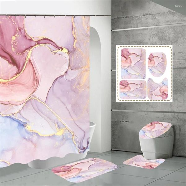 Cortinas de ducha Conjunto de cortinas de mármol rosa Estera antideslizante Inodoro Abstracto Textura de jade Decoración de rayas doradas
