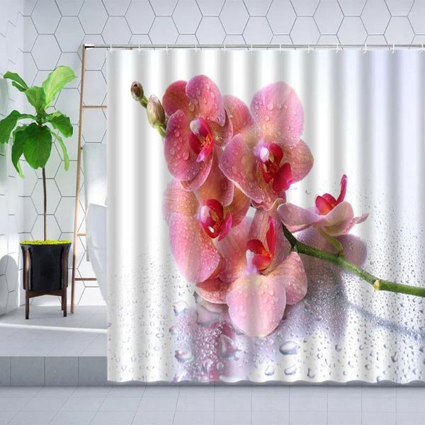 Rideaux de douche Rose Orchidée Phalaenopsis Fleurs Rideau Florals Plantes Élégant Art Décor Salle De Bain Baignoire Écran Polyester Ensembles