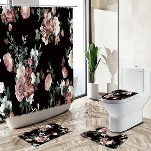 Douchegordijnen roze roze bloemengordijn bloemplant Waterverf Art Black Achtergrond Badkamer Non-slip Trug Toilet Deksel Cover Bad Mat Set