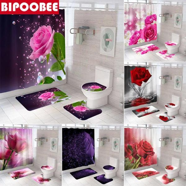 Rideaux de douche Rose Rose Flower Curtain Ensemble de tapis sans glissade Couvre-couvercle de toilette de bain de bain et 12 crochets Decor de salle de bain en polyester imperméable