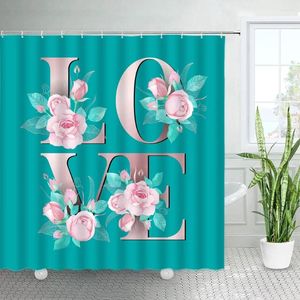 Rideaux de douche Rose Rose Fleurs Amour Rideau Ensemble Creative Design Aquarelle Floral Fille Femme Bain Étanche Salle De Bain Décor