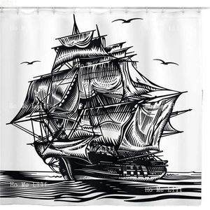 Rideaux de douche navire pirate avec voilier vintage sur les eaux exotiques phare phare marine ancienne courte de corde historique de style art de style art