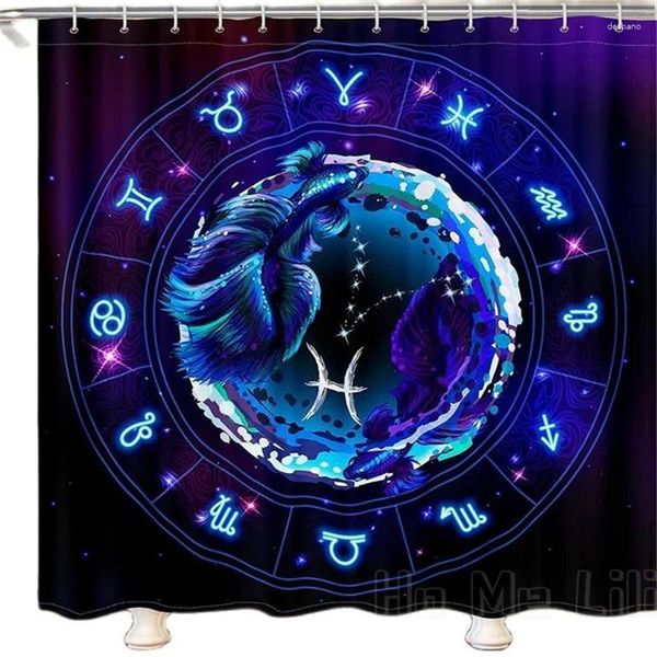 Cortinas de ducha Piscis para niños Decoración de baño impermeable para niños Conjuicios de ganchos Astrología occidental Cortina zodíaca de Ho Me Lili