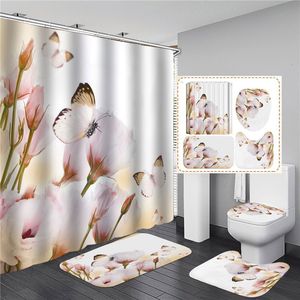 Rideaux de douche plante et papillon imprimé avec crochet ensemble étanche salle de bain antidérapant tapis de bain couverture de toilette décor 230510