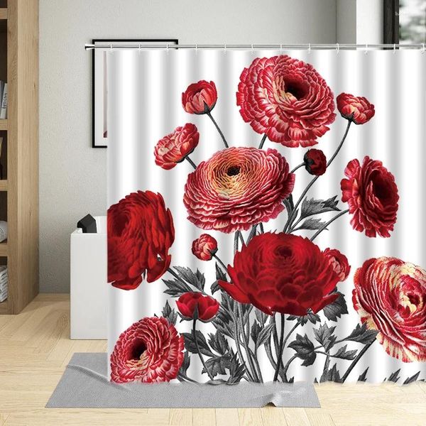 Rideaux de douche Plante Fleur Rideau Fleurs Petite Marguerite Rose Série Impression Motif Salle De Bains Imperméable Lavable avec Crochets